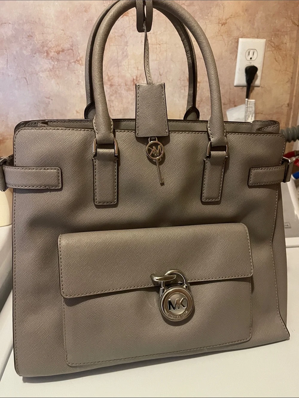 Michael Kors Taupe Saffiano Leather Satchel with Gold Tone Hardware